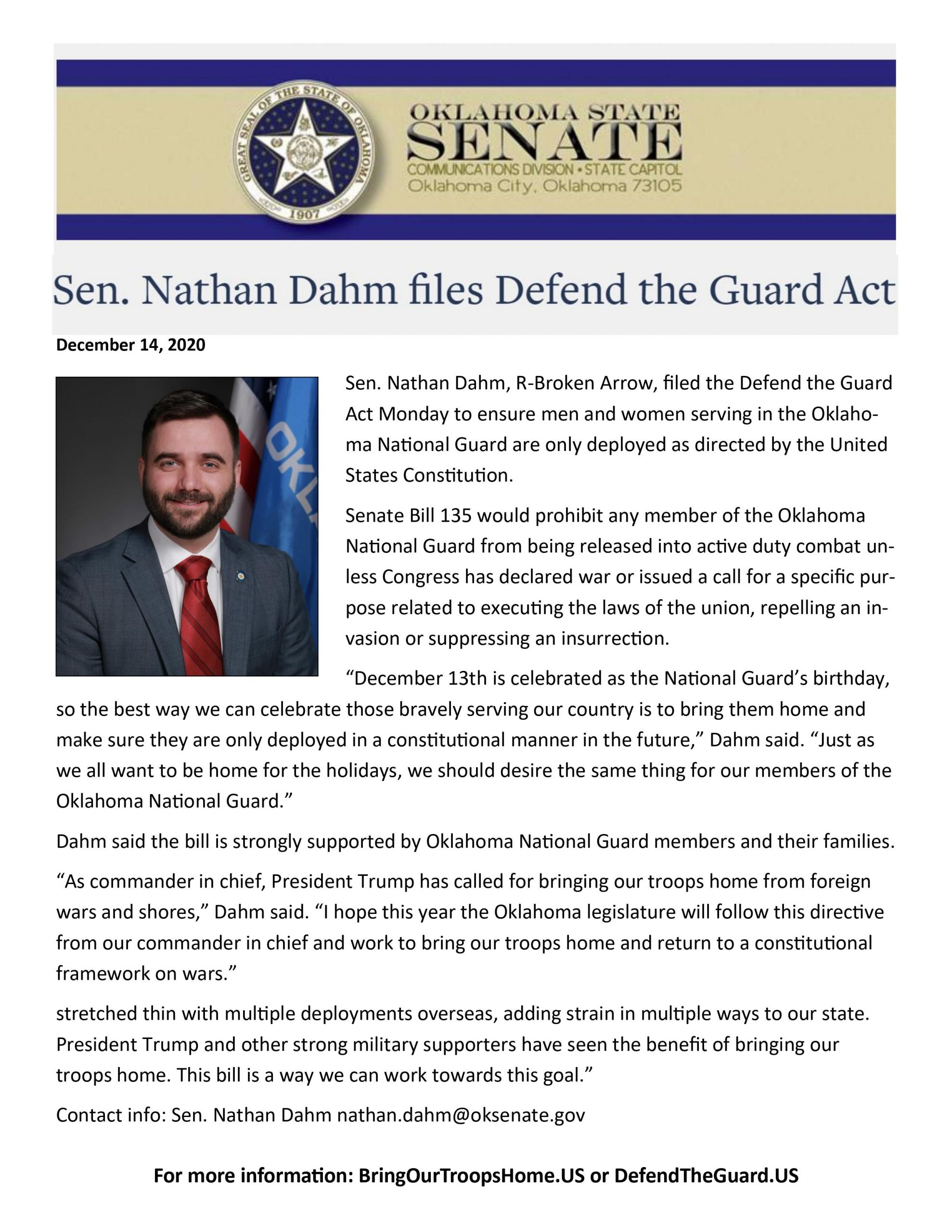 Sen. Nathan Dahm Introduces Defend the Guard Act
