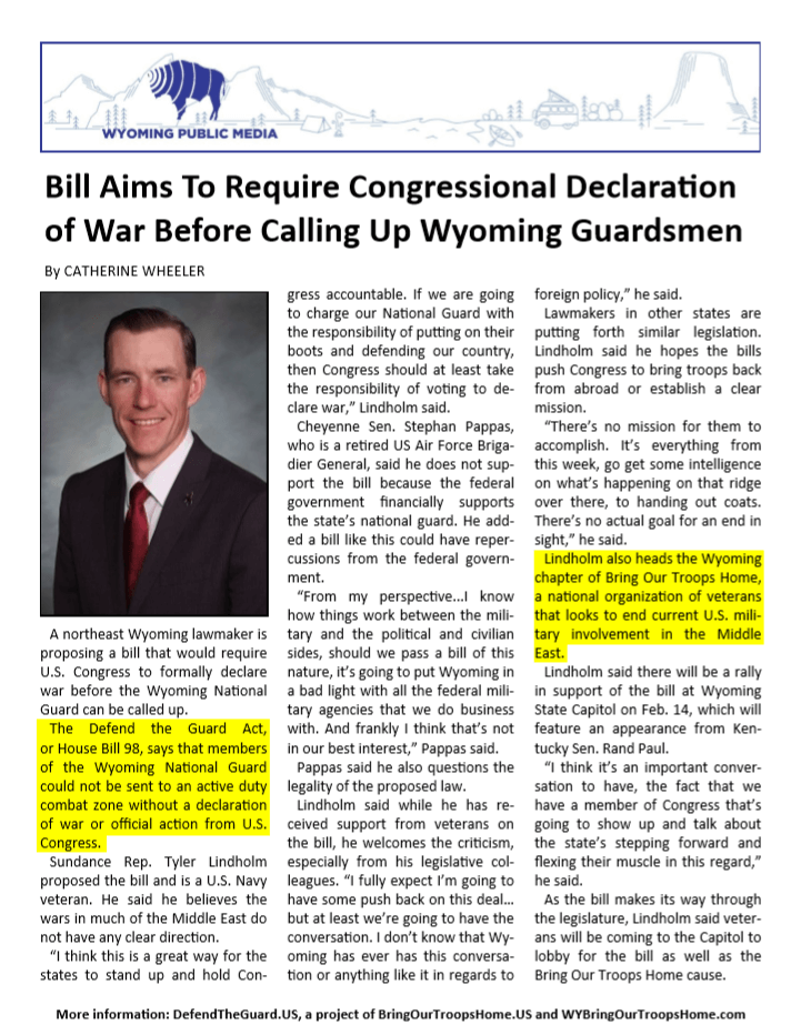 Bill Aims To Require Congressional Declaration of War Before Calling Up Wyoming Guardsmen