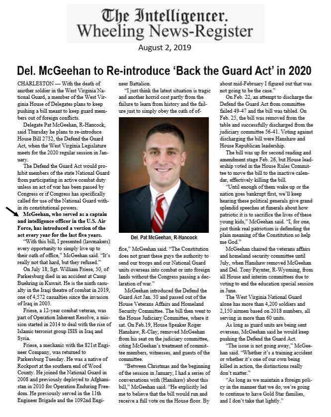 Del. McGeehan to Re-introduce ‘Back the Guard Act’ in 2020