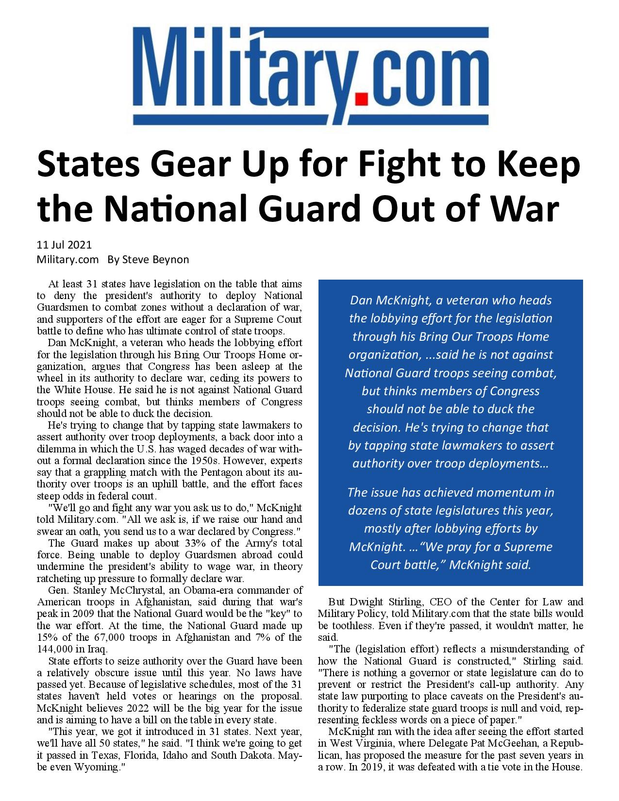 States Gear Up for Fight to Keep the National Guard Out of War