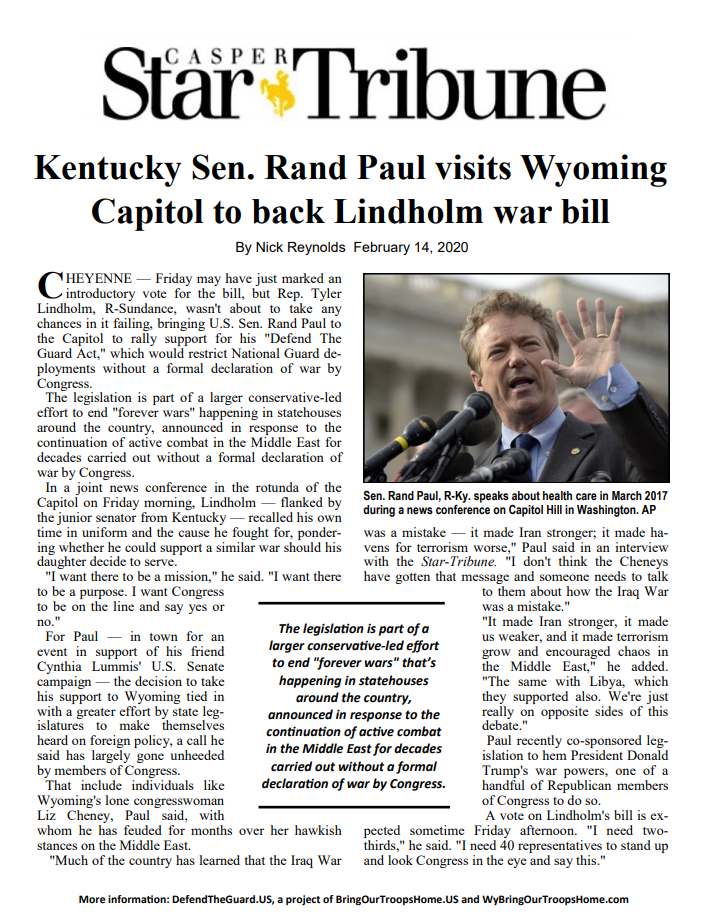 Kentucky Sen. Rand Paul Visits Wyonming Capitol to back Lindholm war bill