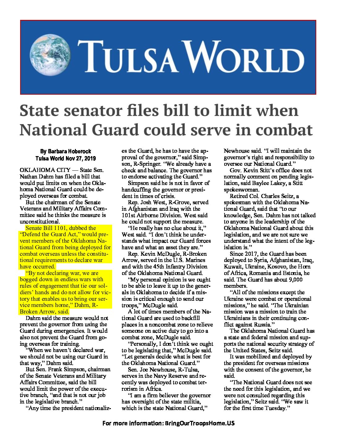 Tulsa World – State senator files bill to limit National Guard combat