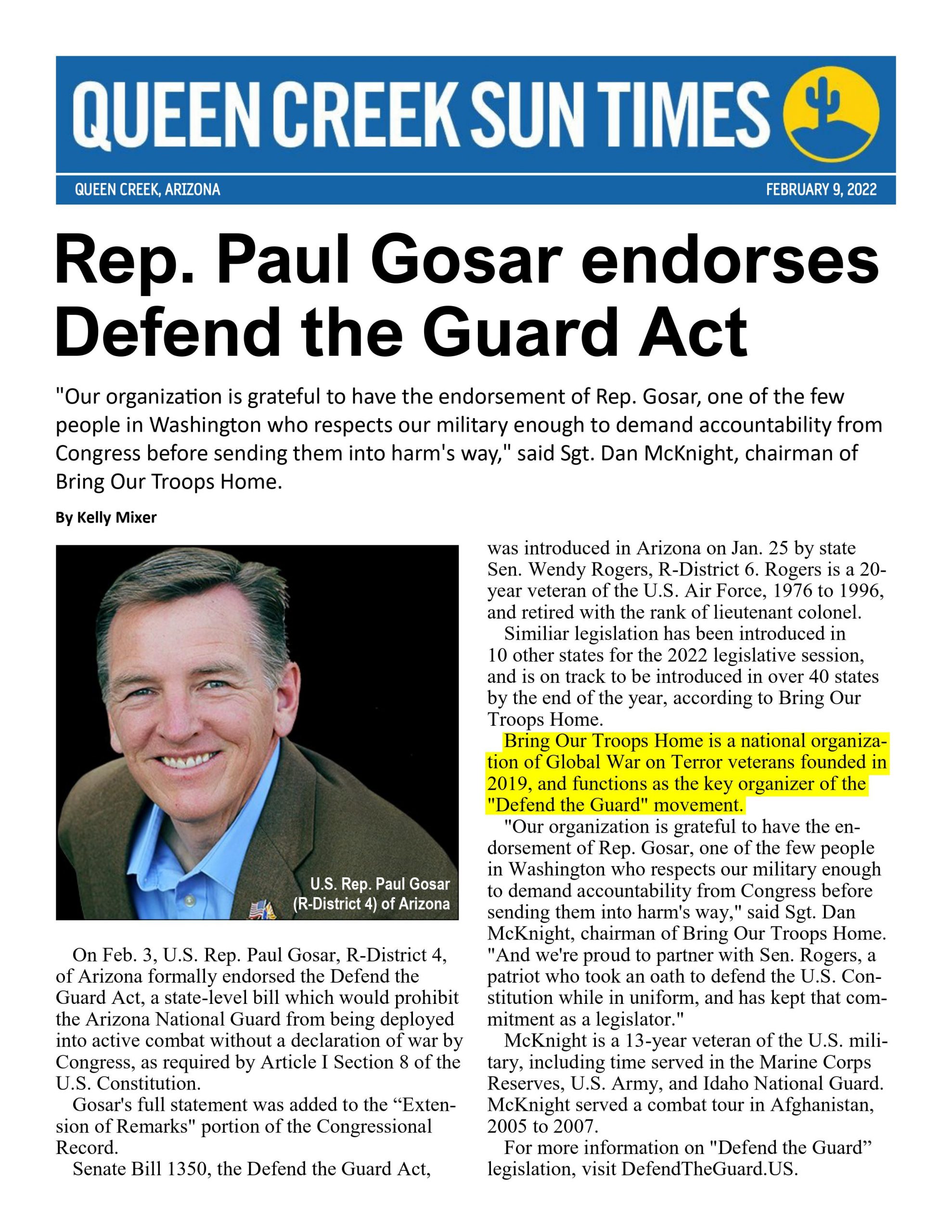 Rep. Paul Gosar Endorses Defend the Guard Act