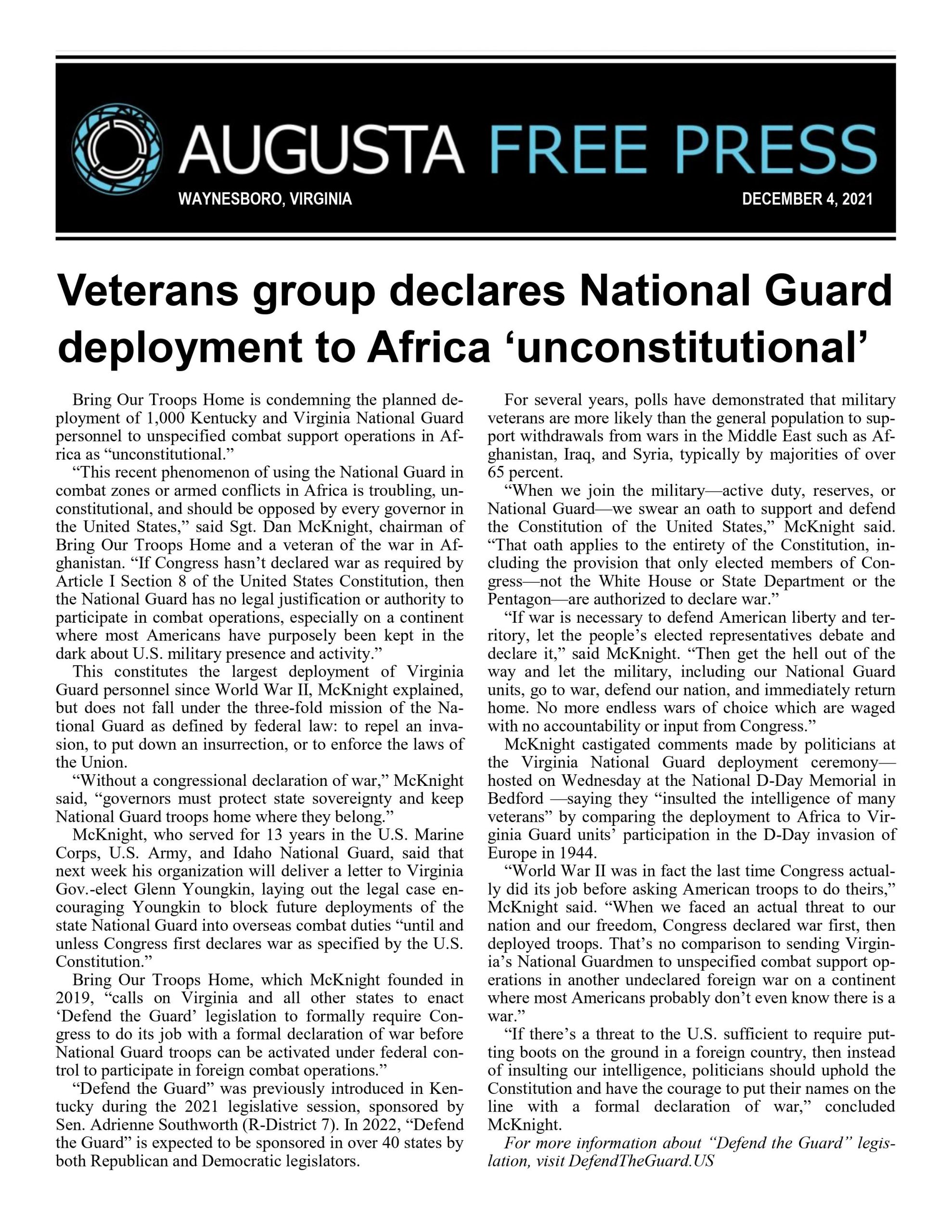 Veterans Group Declares National Guard Deployment to Africa ‘Unconstitutional’