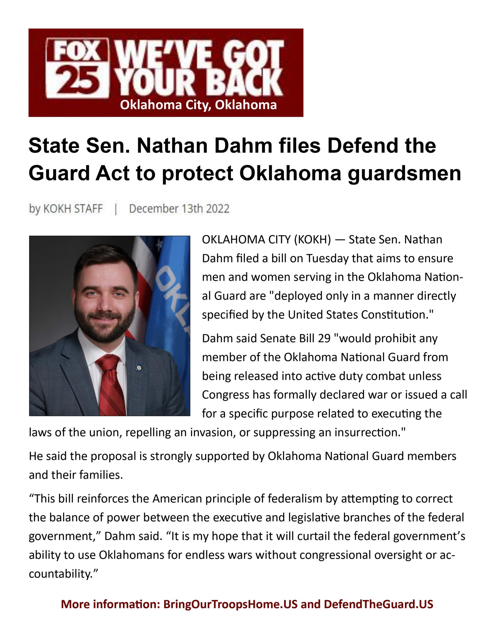 State Sen. Nathan Dahm Files Defend the Guard Act to Protect Oklahoma Guardsmen